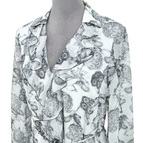 Ted Baker 2 Dress Womens 6 White Black Floral Ruffles Chiffon Tie Waist Lined - Picture 8 of 16